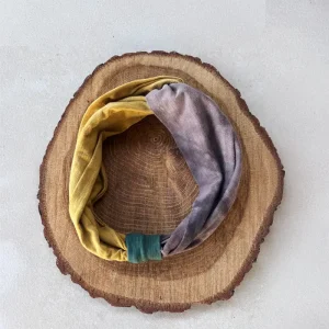 Turbante de algodón orgánico teñido con cochinilla+óxido y granada– Bicolor amarillo y morado