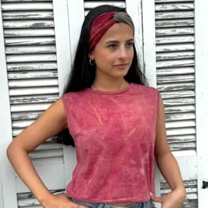 Camiseta sin mangas - Tono Rojizo Teñido con Rubia y Estampado Botánico